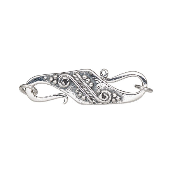 Clasp, S-hook, antiqued sterling silver, 26x8mm with beaded and lines design and (2) closed 4mm jump rings. Sold individually. image number 0