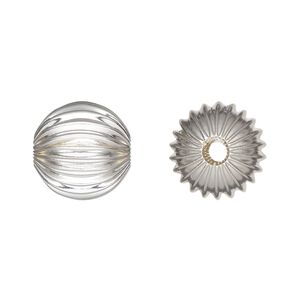 Bead, silver-plated brass, 14mm corrugated round. Sold per pkg of 6.