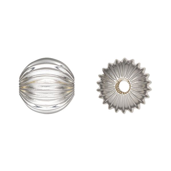 Bead, silver-plated brass, 14mm corrugated round. Sold per pkg of 6. image number 0