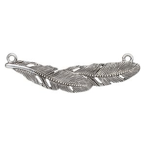 Focal, antique silver-finished pewter (tin-based alloy), 3 x 3/4 inch single-sided feather with 2 loops. Sold individually.