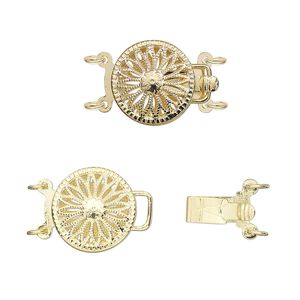 Clasp tab 1pkg1 gold-plated, 12mm filigree round / safety latch, brass 2-strand
