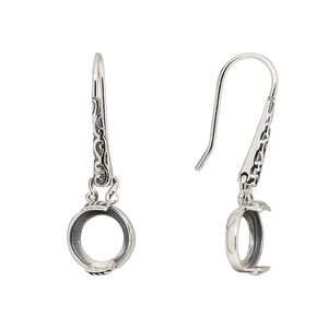 Earring fishhook 1pkg2 sterling silver, 29mm flourish marquise design / 8mm round cab 2-prong open back setting, 20 gauge antiqued 1 pair