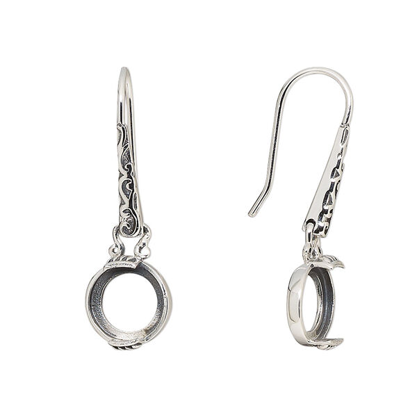 Earring fishhook 1pkg2 sterling silver, 29mm flourish marquise design / 8mm round cab 2-prong open back setting, 20 gauge antiqued 1 pair image number 0