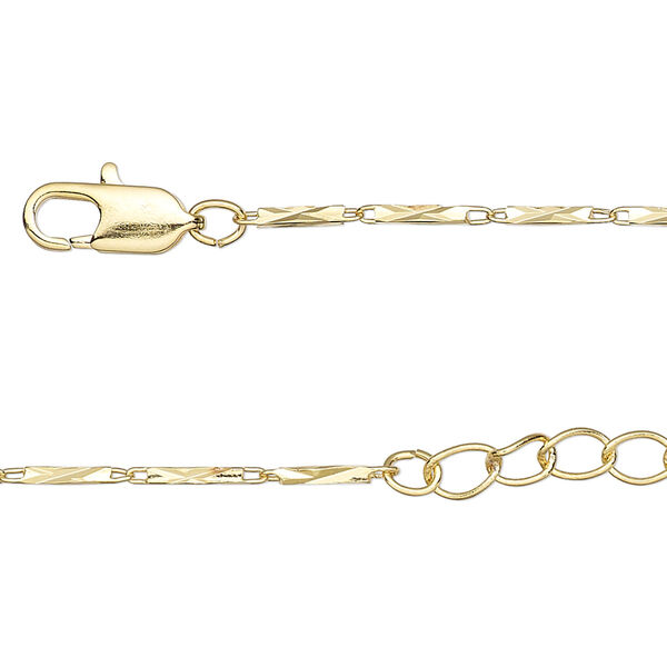 Chain, gold-finished brass, 7x1.5mm diamond-cut rectangle tube, 36 inches with 1-1/4 inch extender chain and lobster claw clasp. Sold individually. image number 0