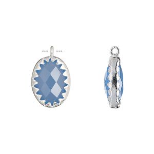 Drop, chalcedony (dyed) and sterling silver, blue, 15x11mm double-sided faceted oval. Sold individually.