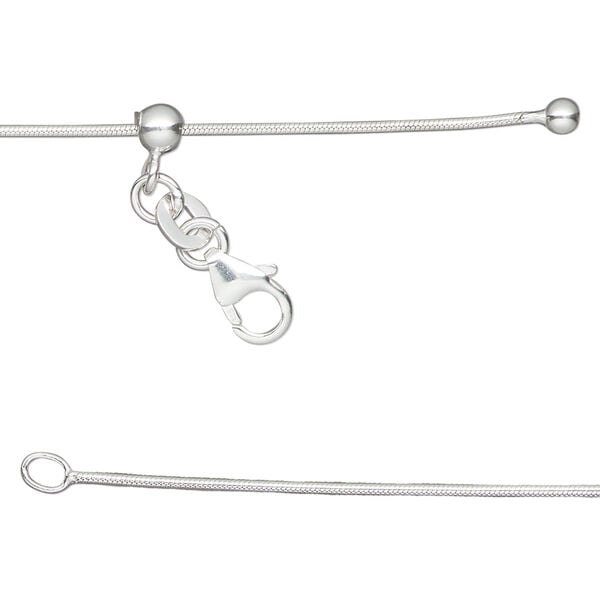 Chain 1pkg1, Gossamer™, sterling silver and silicone, 0.9 snake, 16 to 24 inches with lobster claw clasp and 4mm adjustable slider bead. image number 0