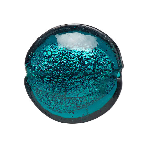 Bead, lampworked glass, opaque teal with silver-colored foil, 29mm puffed flat round. Sold individually. image number 0