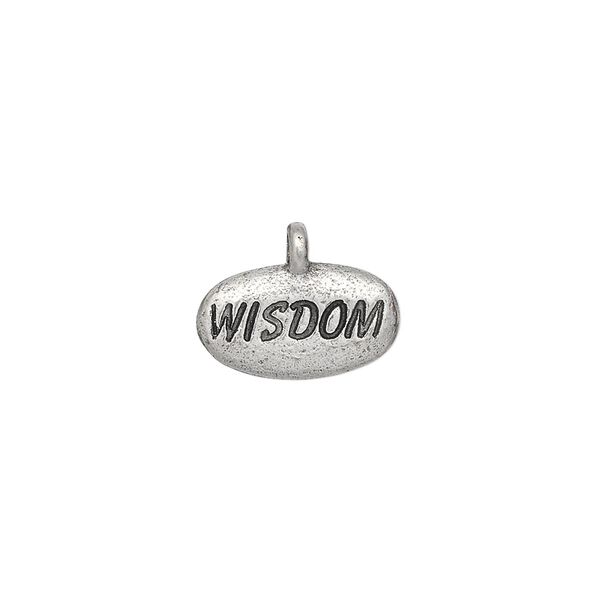 Charm, antiqued pewter (tin-based alloy), 15x9mm "WISDOM" pebble. Sold per pkg of 2. image number 0