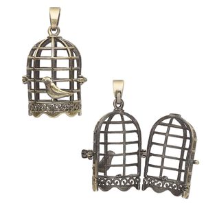 Focal, antique brass-finished brass, 30.5x21mm bead cage with bird cage design and safety latch, fits up to 18mm bead. Sold individually.