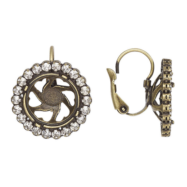 Ear wire, JBB Findings and crystals, antique brass-plated brass, crystal clear, 20mm leverback with 12mm rivoli glue-in setting. Sold per pair. image number 0
