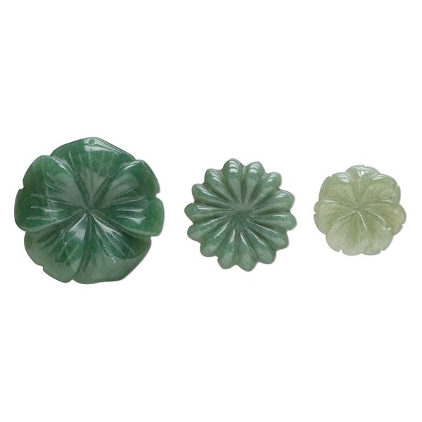 Green aventurine 1pkg3, top-drilled carved flower drop natural mix 22x21mm-40x39mm image number 0