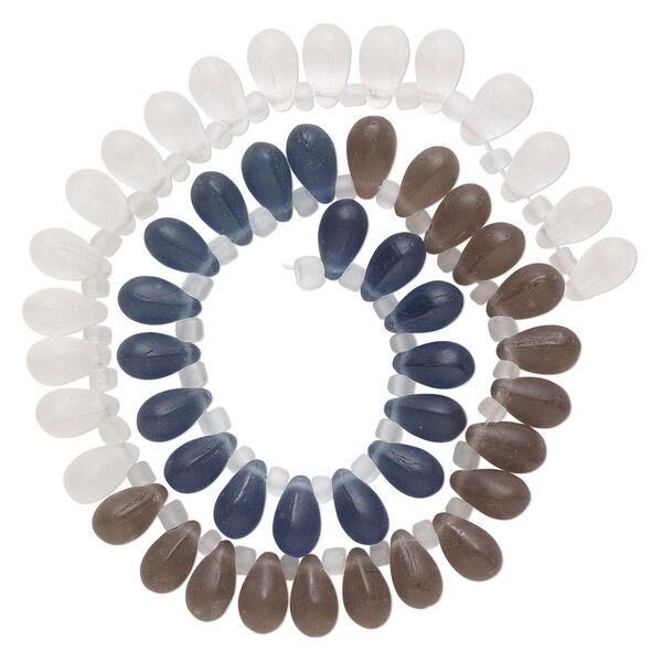 Bead, glass, translucent matte clear, dark blue and smoke, 11x7mm top-drilled teardrop with irregular rondelles. Sold per 14-inch strand. image number 0