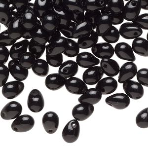 Bead, Czech pressed glass, opaque black, 7x5mm top-drilled teardrop. Sold per 1-ounce pkg, approximately 125 beads.