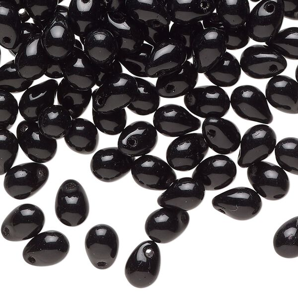 Bead, Czech pressed glass, opaque black, 7x5mm top-drilled teardrop. Sold per 1-ounce pkg, approximately 125 beads. image number 0