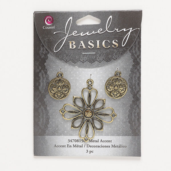 Focal, antique gold-finished "pewter" (zinc-based alloy) and glass, tan, 15mm single-sided flat round with flower design and 37.5mm single-sided fancy diamond with cutout design. Sold per pkg of 3. image number 0