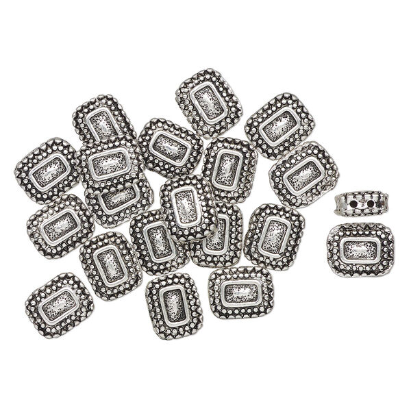 Bead, antique silver-finished "pewter" (zinc-based alloy), 14x11mm-14x12mm 2-strand beaded puffed rectangle, fits up to 3mm round beads. Sold per pkg of 20. image number 0