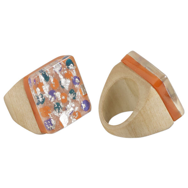 Ring, Everyday Jewelry, Taiwanese cheesewood, orange / purple / green, 17mm square size 7. Sold individually. image number 0