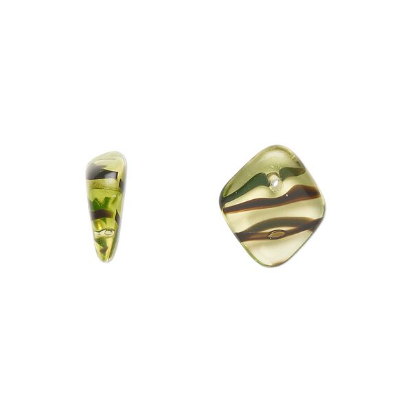 Bead, Czech pressed glass, green/tortoise, 14x5mm diamond drop. Sold per 15" to 16" strand. image number 0