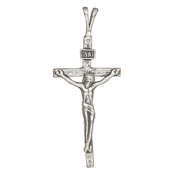 Pendant, antiqued sterling silver, 48x20mm single-sided crucifix. Sold individually. image number 0