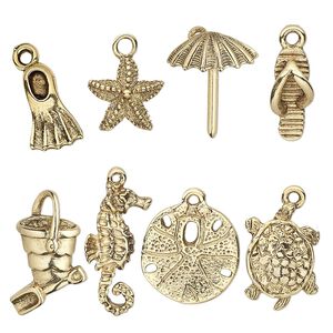 Charm set, antique gold-plated pewter (tin-based alloy), 16.5x5.5mm-25x17mm sand and sea theme. Sold per 8-piece set.
