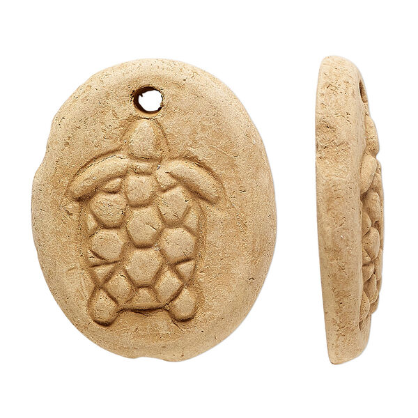 Focal, terra cotta, 31x25mm-33x27mm single-sided flat oval with turtle design, Sold per pkg of 2. image number 0