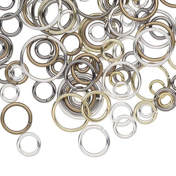 Jump ring mix, mix-plated brass / steel / aluminum / pewter (tin-based alloy), 2-18mm round and oval, 2.3-13.3mm inside diameter, 18-19 gauge. Sold per 10-gram pkg, approximately 100-130 jump rings. image number 0