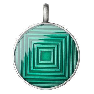 Pendant, epoxy and "pewter" (zinc-based alloy), green, 44x35mm single-sided matte round with graduated square design. Sold individually.