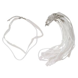 Necklace, choker, antique silver-finished steel / nylon / organza, white, 9.5mm width with lobster claw clasp. Sold per pkg of pkg of (10) 15-1/2" to 16" strands.
