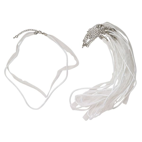 Necklace, choker, antique silver-finished steel / nylon / organza, white, 9.5mm width with lobster claw clasp. Sold per pkg of pkg of (10) 15-1/2" to 16" strands. image number 0