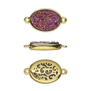 Link, Druzylite™, "druzy" (resin) and gold-finished brass, metallic purple, 15.5x11.5mm two-sided oval with open filigree back. Sold per pkg of 4.