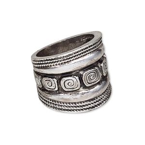 Ring, antique silver-plated "pewter" (zinc-based alloy), 21mm wide with square swirl design, size 8. Sold individually.