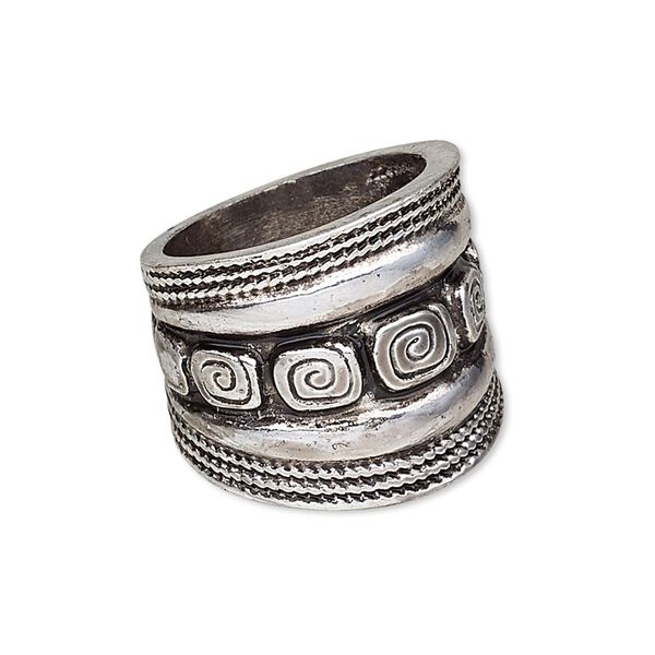 Ring, antique silver-plated "pewter" (zinc-based alloy), 21mm wide with square swirl design, size 8. Sold individually. image number 0