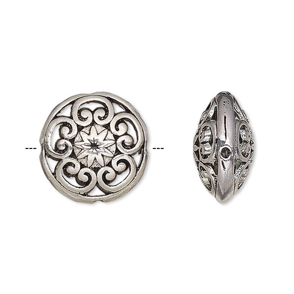 Bead, antique silver-finished "pewter" (zinc-based alloy), 16.5mm double-sided filigree puffed flat round. Sold per pkg of 6. image number 0