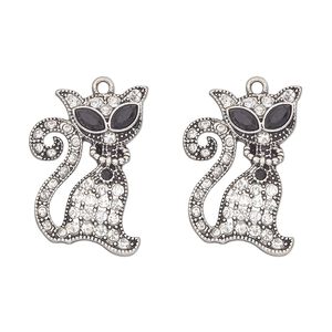 Charm, antique silver-finished "pewter" (zinc-based alloy) and glass, clear and black, 29x20mm single-sided cat. Sold per pkg of 2.