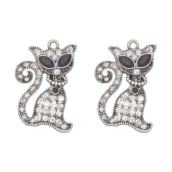 Charm, antique silver-finished "pewter" (zinc-based alloy) and glass, clear and black, 29x20mm single-sided cat. Sold per pkg of 2. image number 0
