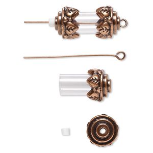 Drop, acrylic and antique copper-finished brass and "pewter" (zinc-based alloy), clear, 24x12mm with 15x8mm round tube and removable ends, 1-1/2 inch eye pin. Sold per pkg of 2.