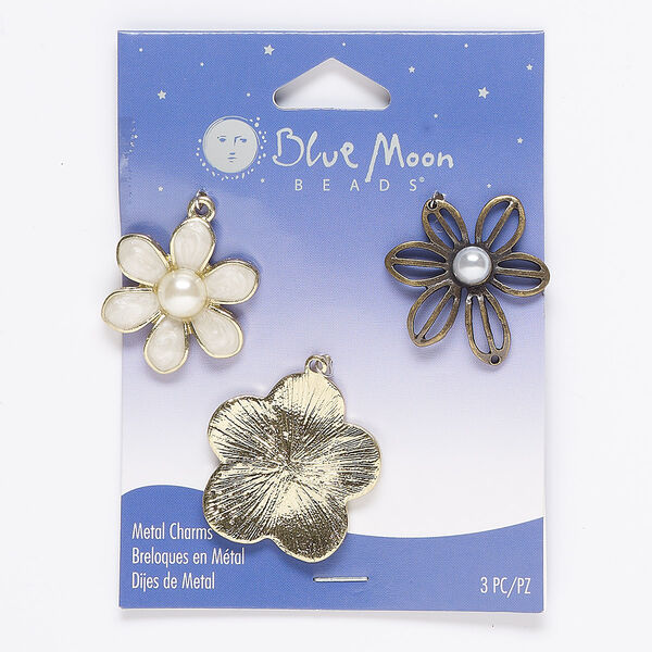 Charm and link mix, acrylic pearl / enamel / gold- / antique brass-finished "pewter" (zinc-based alloy), cream and clear, 27mm / 29mm / 29x27mm single-sided flower with cutout. Sold per pkg of 3. image number 0