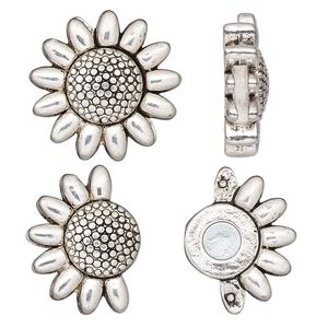 Clasp magnetic 1pkg1 "pewter" (zinc alloy), 23x23mm sun flower / fits 9x2mm cord, antique silver-finished 1-strand
