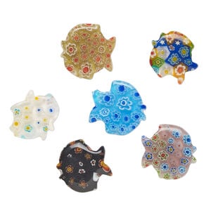 Bead, millefiori glass, translucent multicolored, 19x17mm-23x23mm half-drilled flat-sided fish. Sold per pkg of 6.