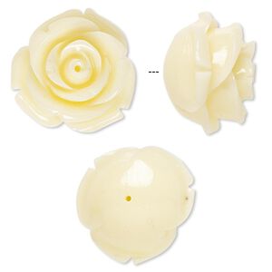 Bead, resin, antique white, 19x19mm half-drilled rose. Sold per pkg of 2.