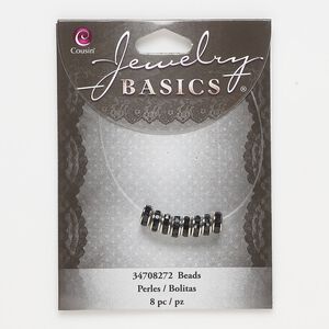 Bead, silver-finished "pewter" (zinc-based alloy) and glass, black, 7x3mm rondelle. Sold per pkg of 8.