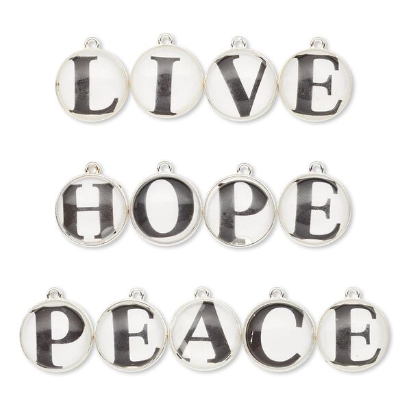 Drop mix, resin and silver-finished pewter (tin-based alloy), clear / black / white, 20mm round with mixed affirmations. Sold per pkg of (3) 4- to 5-piece sets. image number 0