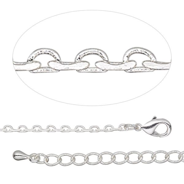 Chain, silver-plated brass, 1.8mm half oval cable, 18 inches with 2-inch extender chain and lobster claw clasp. Sold individually. image number 0