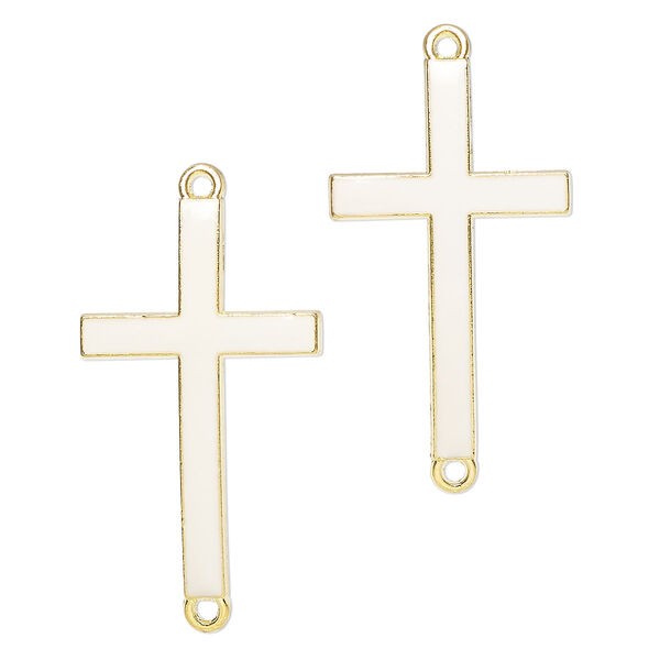 Focal, "pewter" (zinc-based alloy) and enamel, pkg/2, 42x23mm-44x23mm curved cross with 2 loops, gold finish and white. image number 0