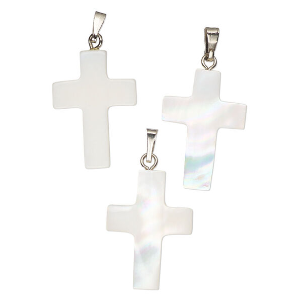 Pendant, mother-of-pearl shell (bleached) / antique silver finish "pewter" (zinc-based alloy) / steel, 23x16mm-31x21mm single-sided carved cross. Sold per pkg of 3. image number 0