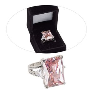 Ring, cubic zirconia and rhodium-finished brass, pink and clear, 21mm rectangle, size 8. Sold individually.