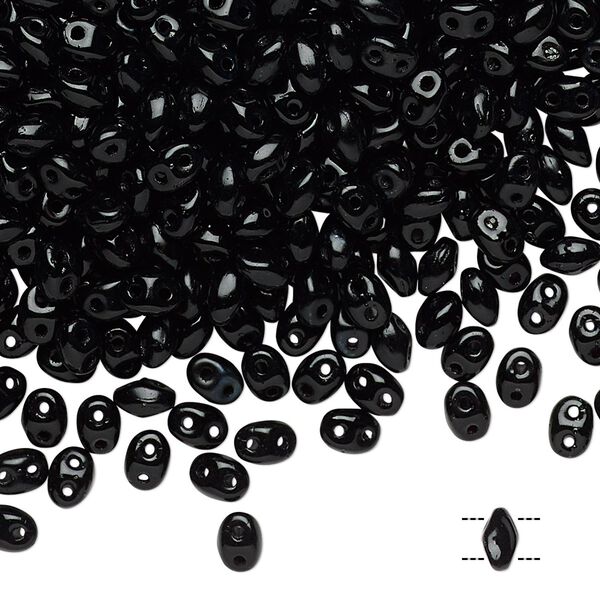 Bead, Preciosa Twin™, Pressed Twin, Czech pressed glass, black, 5x2.5mm oval with 2 holes. Sold per 50-gram pkg. image number 0