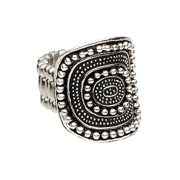 Ring, stretch, antique silver-plated "pewter" (zinc-based alloy), 25x22mm beaded curved oval. Sold individually. image number 0