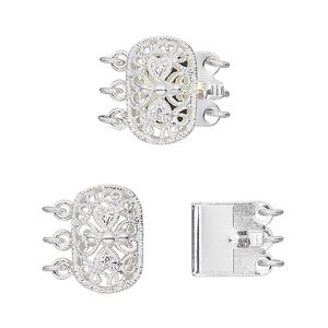 Clasp tab 1pkg4 silver-plated, 15x9mm filigree oval, brass 3-strand