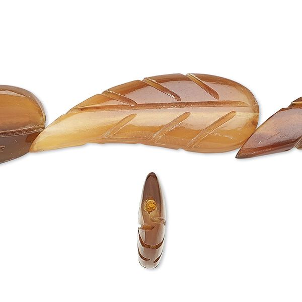 Bead, horn (dyed / waxed), golden, 33x13mm hand-cut double-sided carved leaf. Sold per 15-1/2" to 16" strand. image number 0